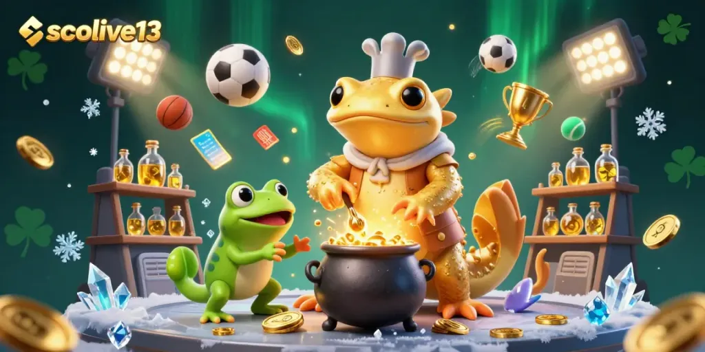 Betting and celebrating with socolive13, a colorful 3D scene featuring golden elements and sports balls.