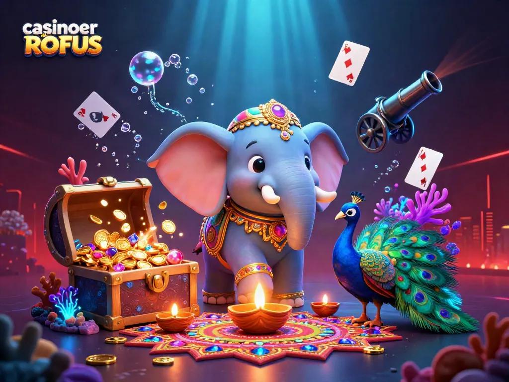 Engage with casinoer uden ROFUS in a vibrant 3D scene blending traditional Diwali elements and immersive casino visuals.
