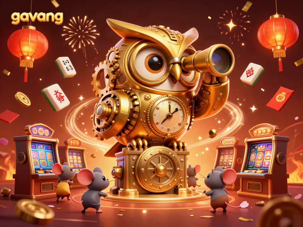Experience the thrill of gambling with gavang, featuring a golden owl and vibrant casino elements.