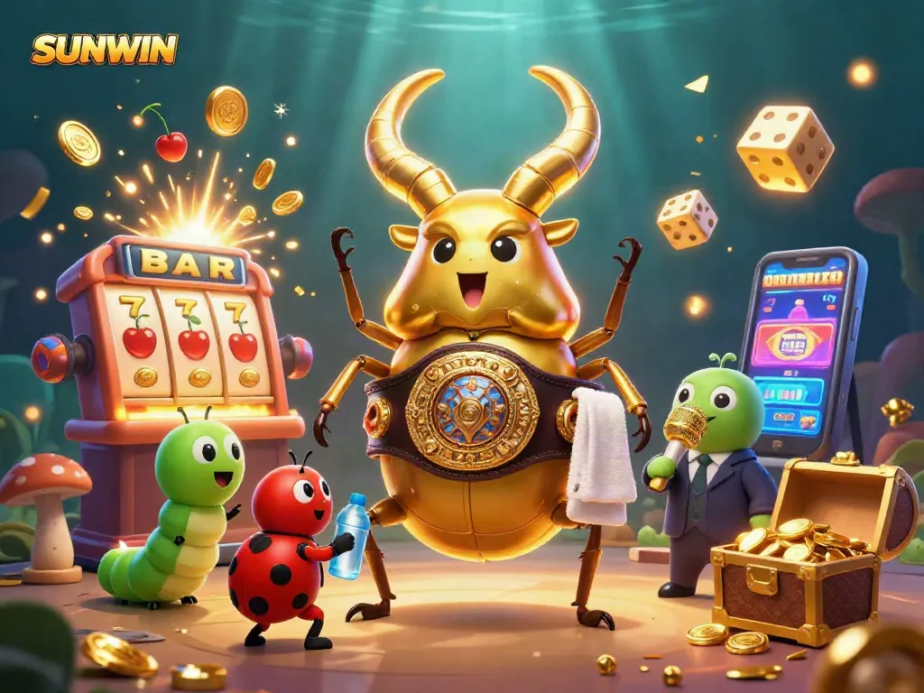 Experience thrilling slots at SUNWIN with a vibrant 3D illustration showcasing casino excitement and jackpot dreams.