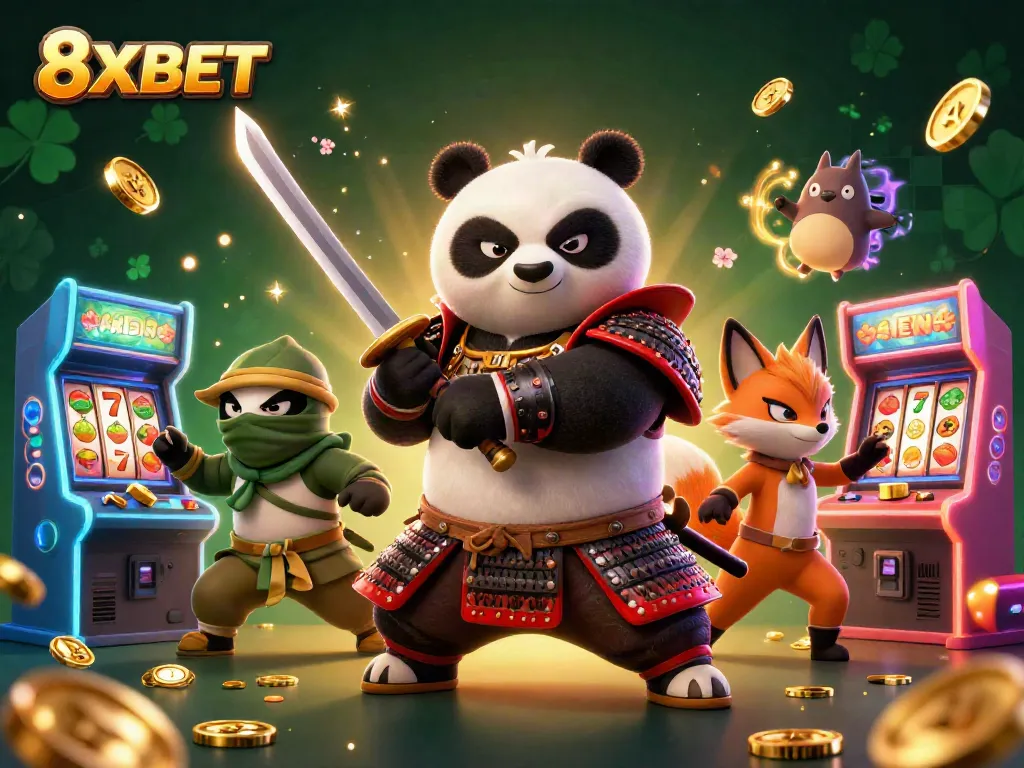 Engage in thrilling gameplay at 8XBET with a dynamic illustration of samurai panda and friends in an exciting casino scene.