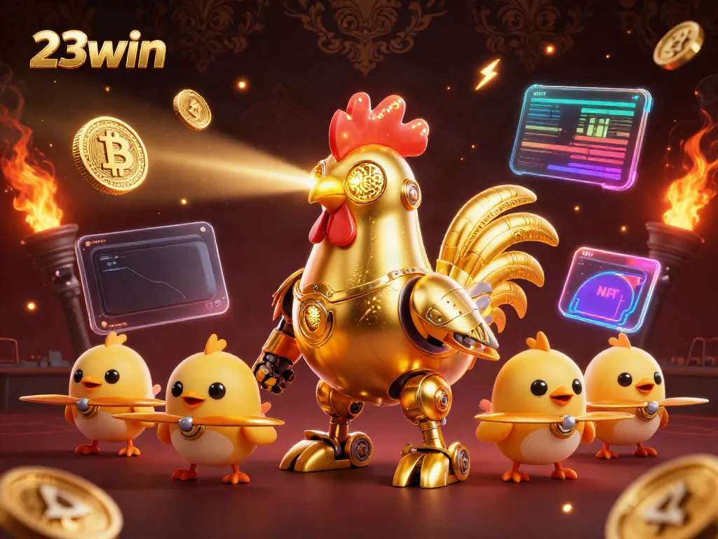 Engage with 23win's thrilling gaming landscape featuring golden rooster robots and crypto elements