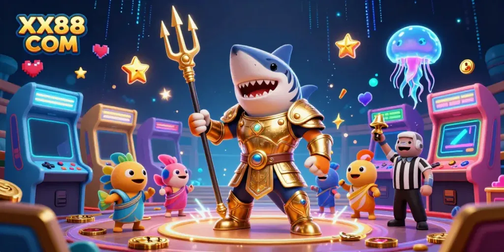 Experience exhilarating gaming at XX88 COM with vibrant underwater casino action featuring a tiger shark hero.