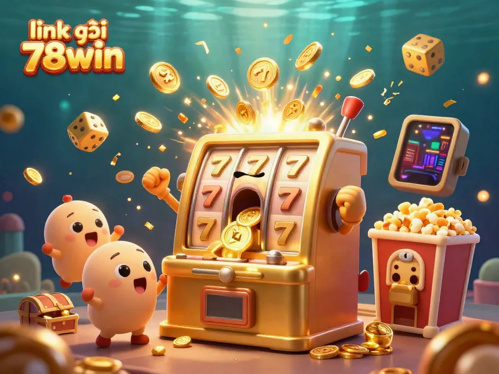 Experience excitement with the stunning link vào 78win jackpot scene featuring cartoon slot machines and casino elements.