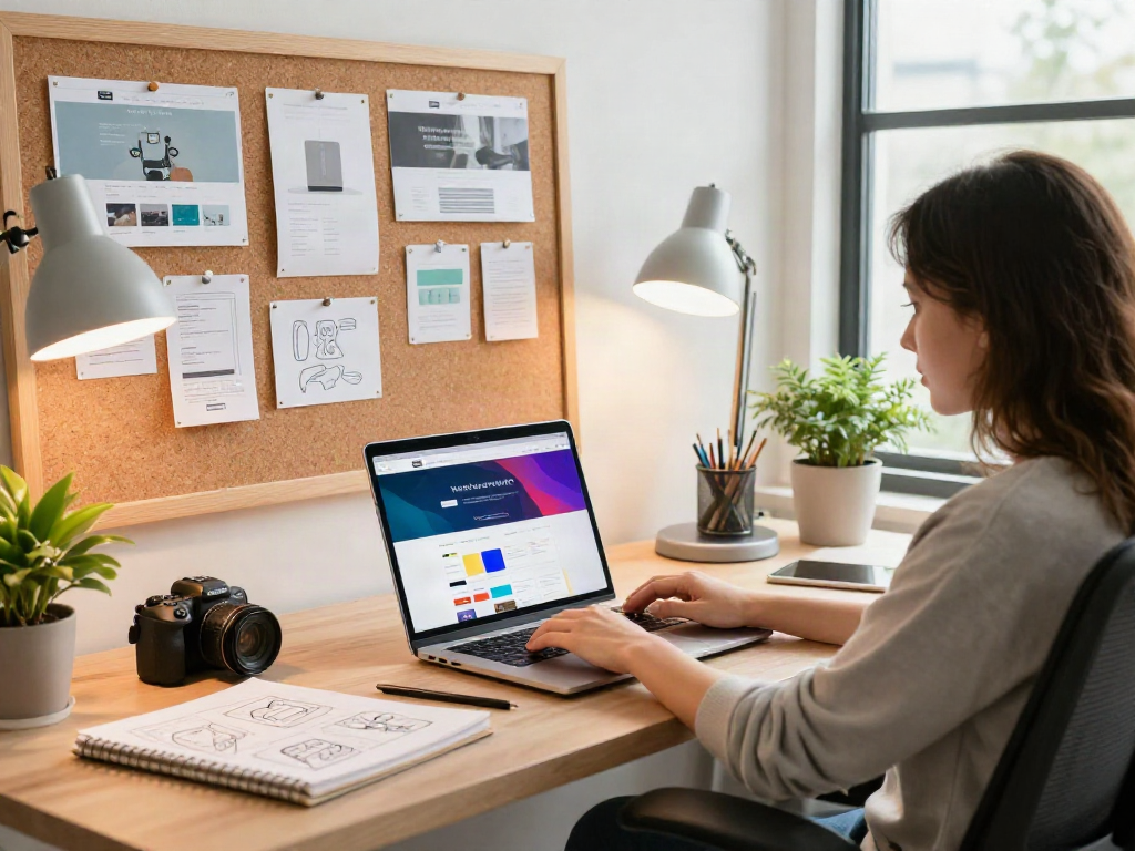 Sanumwebdesign : Vue d'un studio de design web moderne, avec un designer travaillant à l'ordinateur.