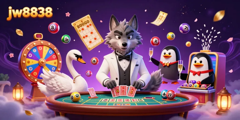 Experience the excitement of jw8838 with a lively 3D casino scene featuring interactive characters and dynamic game elements.