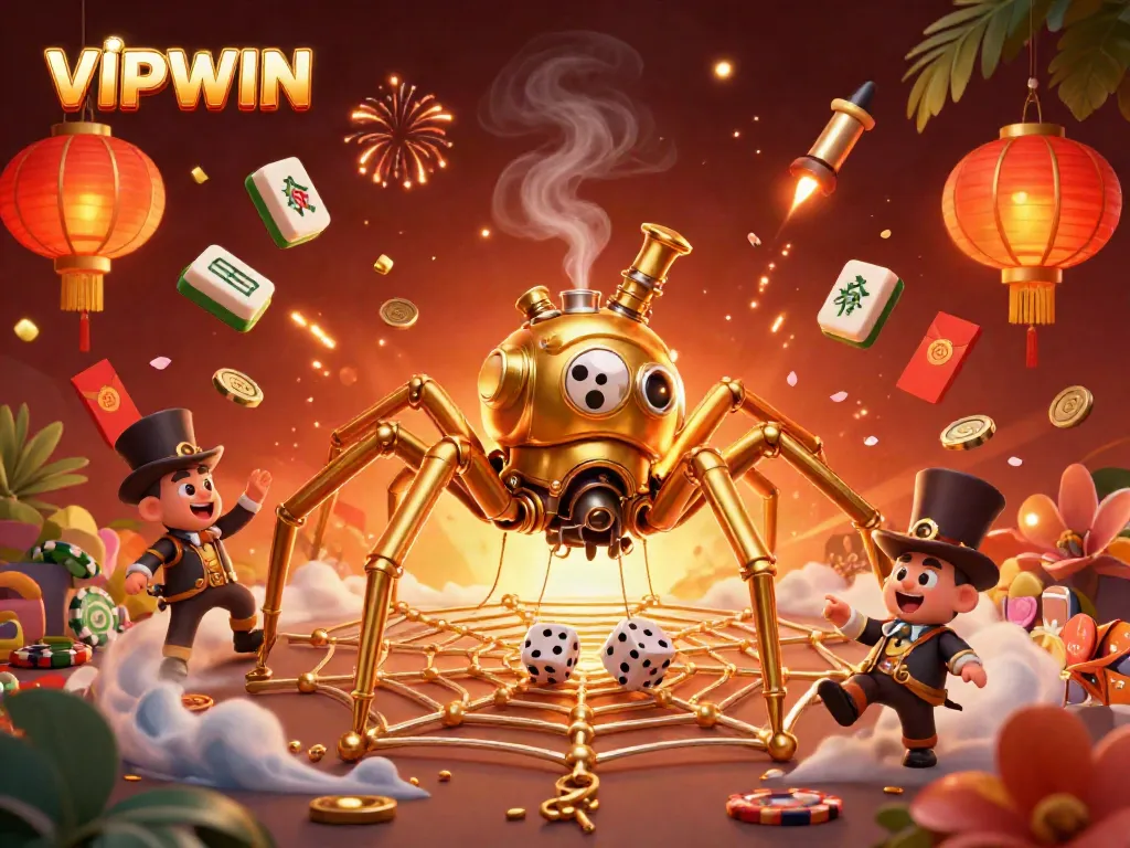 Experience VIPWIN with a steampunk spider capturing dice in a rich casino-themed illustration.