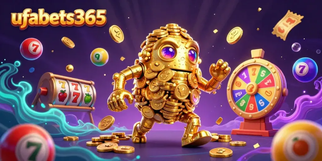 Experience the gaming world with ufabets365, featuring a dynamic golden golem and vibrant slot symbols.