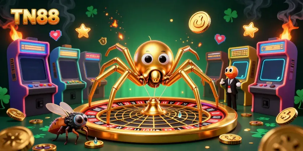 Watch as the TN88 spider spins winning bets on a roulette web surrounded by exciting games.