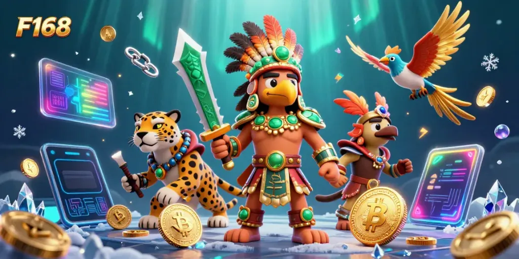 Experience F168 with a vibrant 3D casino scene featuring Aztec warriors, crypto elements, and rich gaming symbols.