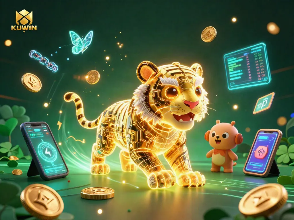 KUWIN offers thrilling online gambling experiences with vibrant 3D digital elements in a futuristic casino setting.