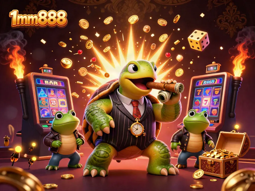 Experience the thrill of 1mm888 with a cartoon turtle mobster and dynamic casino elements in a vibrant scene.