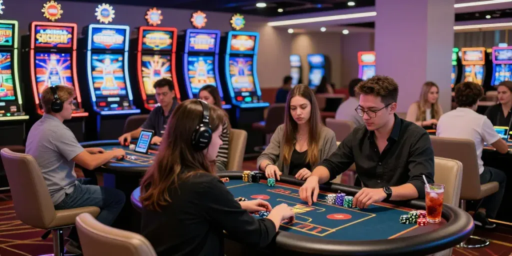 Joueurs profitant de l'expérience immersive de https://studiobarw.com/ au casino en ligne, avec des machines à sous colorées et un croupier en direct.