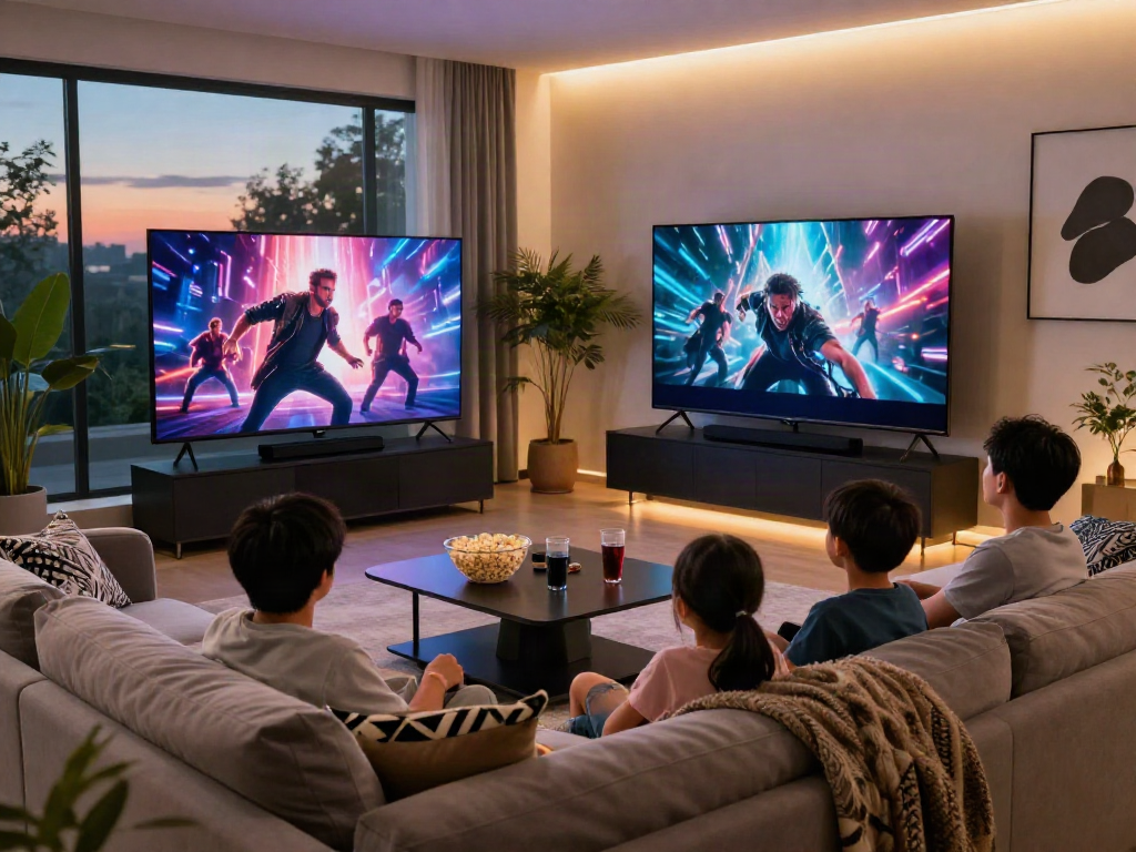 Family enjoying movie night on their modern Iron TV in a stylish living room