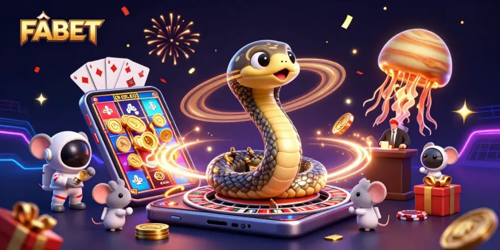 Experience thrilling moments at FABET with a cosmic casino featuring a snake roulette wheel and betting mice.