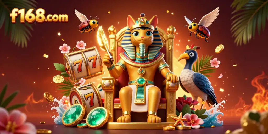 Experience thrilling wins at f168com with a lively casino scene featuring dynamic slot reels and vibrant decorations.