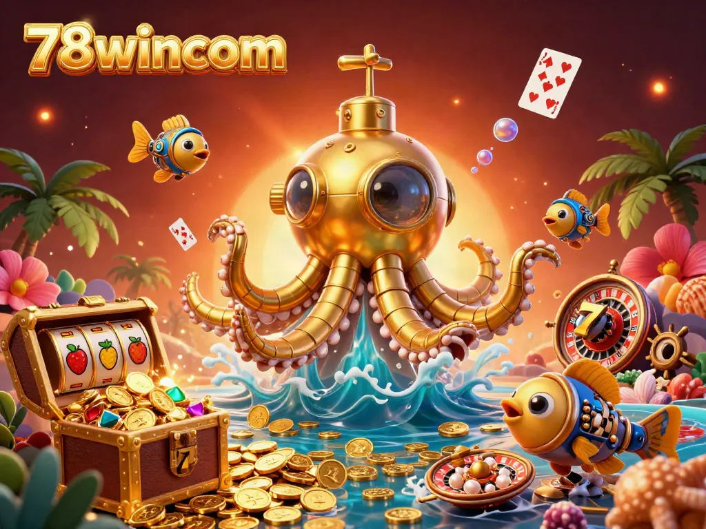 Immerse in the vibrant world of 78wincom, featuring a kraken submarine and treasures amidst casino elements.