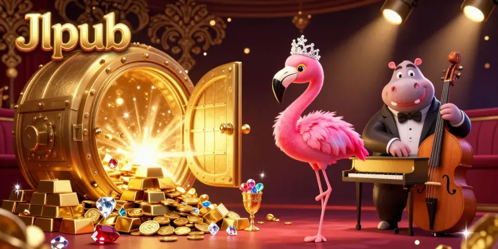 Engage in exhilarating betting at Jlpub with a lively casino scene featuring a singing flamingo and hippo bassist.