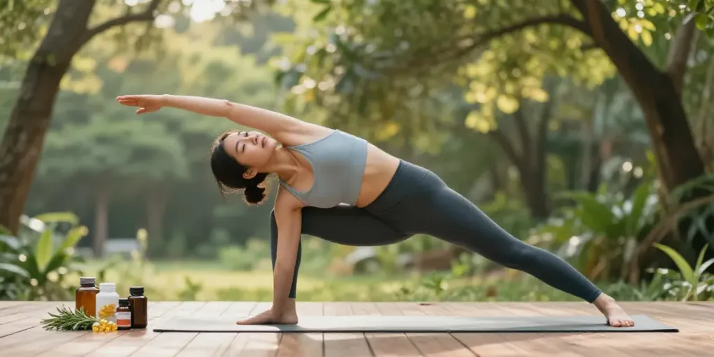 Une personne pratiquant le yoga en pleine nature avec des compléments naturels Natura Force autour d'elle.