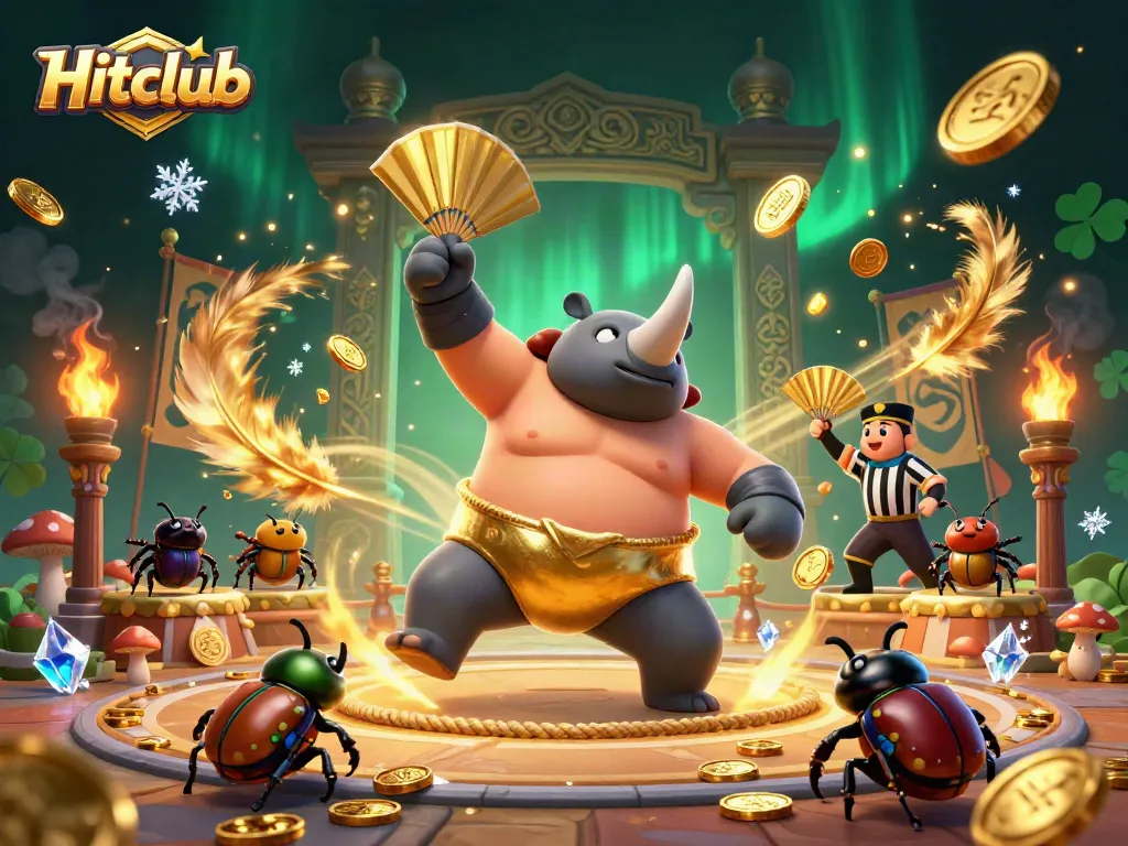 Hitclub game scene featuring a rhinoceros beetle sumo champion sending coins flying in a dynamic casino setting.