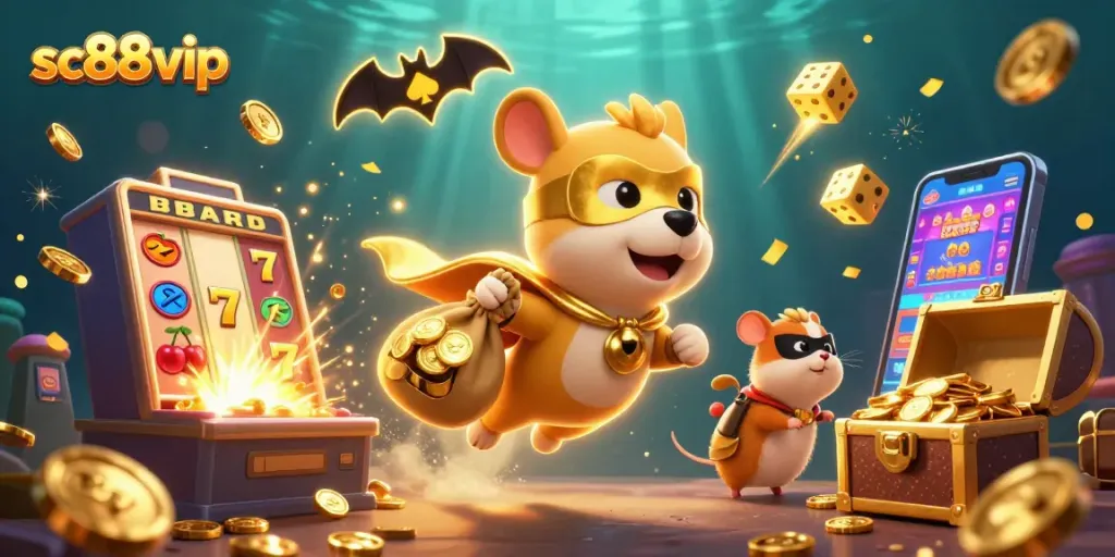 Win big with sc88 vip; a superhero dog and sidekick celebrate casino jackpots!