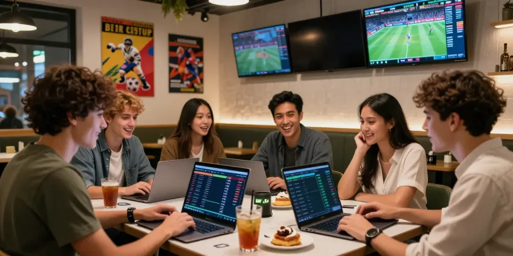 Een levendige bijeenkomst over online sportweddenschappen met diverse jongeren in een café tijdens een sportevenement.
