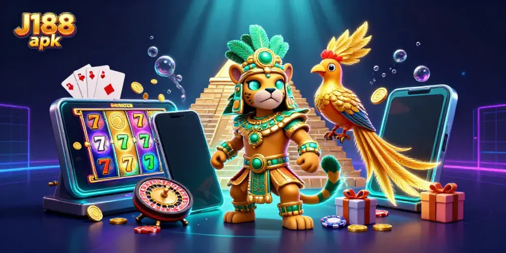 Experience thrilling gameplay with J188 apk as glowing coins and colorful slot reels burst from a smartphone.