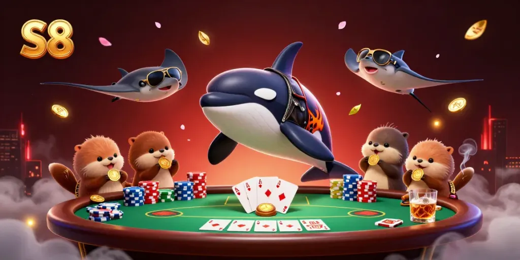 Experience thrilling gaming at S8 with a vibrant scene featuring a whale, stingray, and otters at a poker table.