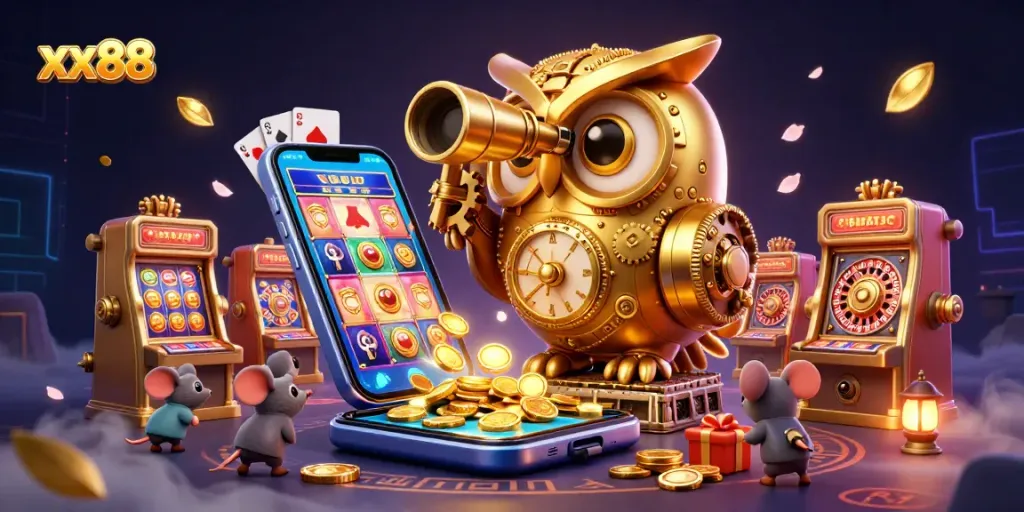 Experience the excitement at xx88 with a vibrant 3D casino illustration featuring characters and game elements.