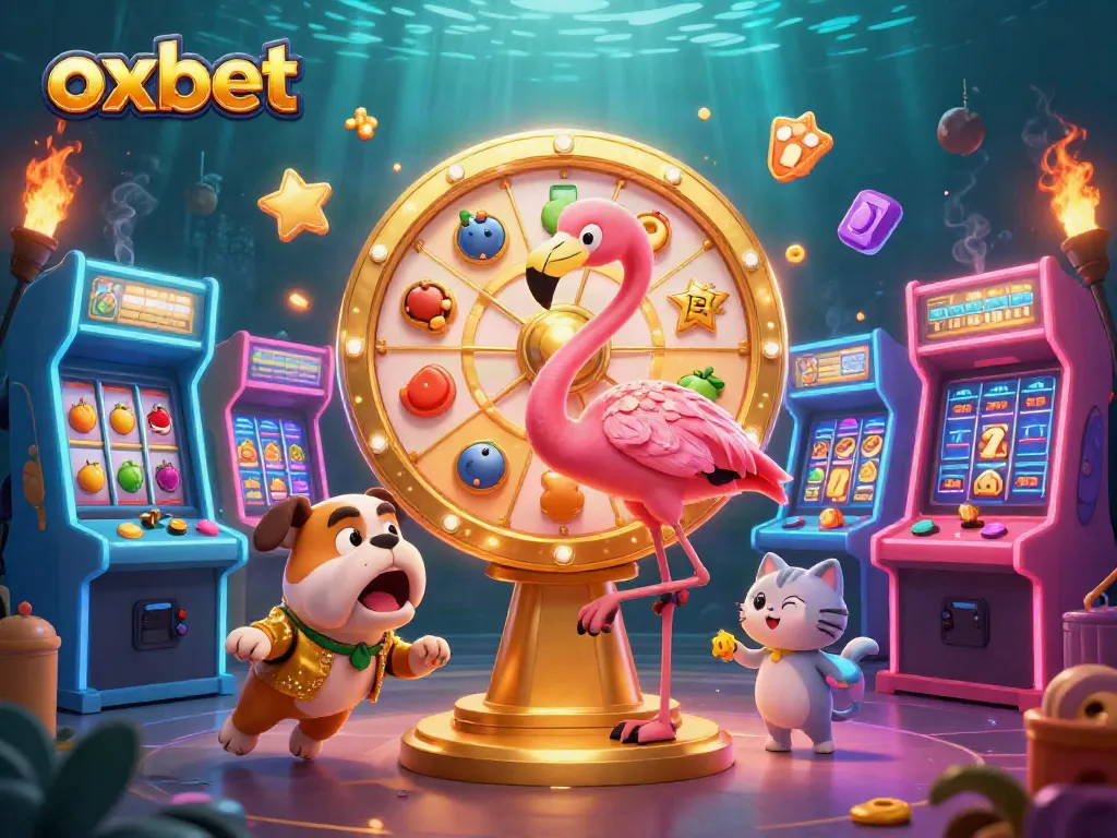 Spin and win at OXBET with the exciting game show host and arcade-style colorful elements.