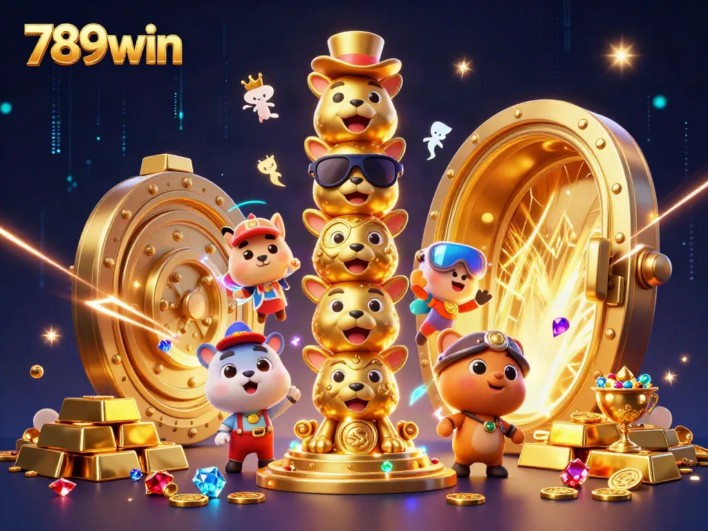 Experience exciting wins with 789win in this ultra-detailed 3D casino themed illustration featuring vibrant characters and gold treasures.