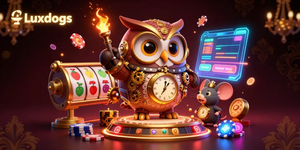 Experience Luxdogs in a vibrant 3D casino scene with interactive slot elements and engaging characters.