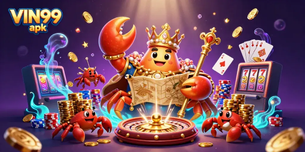 Experience excitement at VIN99 apk with a golden crab emperor ruling a treasure-filled casino.