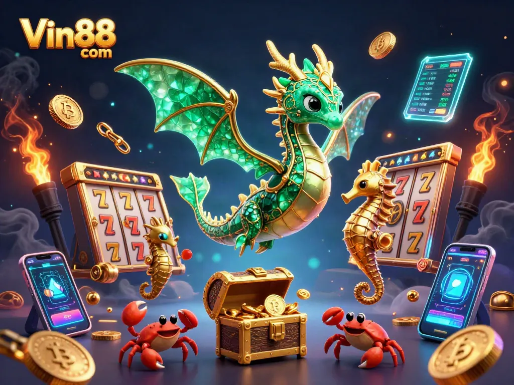 Experience thrilling gameplay at Vin88 com with vibrant casino symbols surrounded by adorable sea creatures.