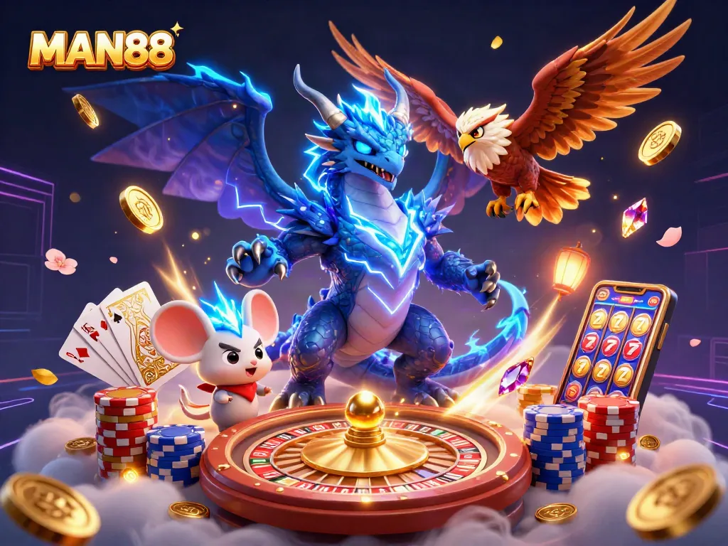 Experience MAN88's exciting games with a powerful dragon, glowing hawk, and vibrant casino elements.