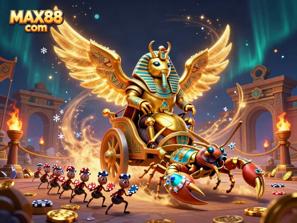 Engage in thrilling games at MAX88 com with a vibrant 3D illustration of a colossal golden scarab, scorpions, and poker chips.