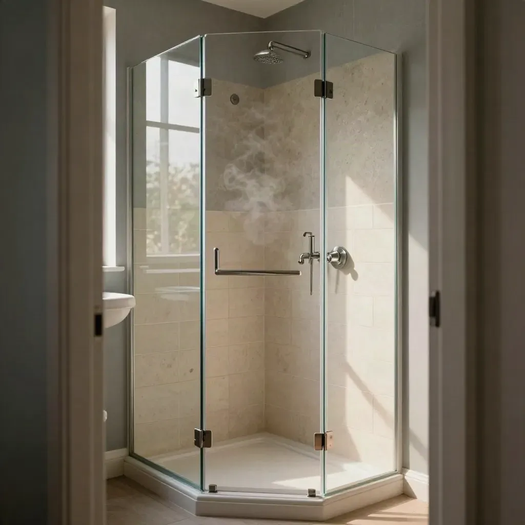 Salle d’eau rénovée à Levallois avec douche vitrée, vasque blanche et robinetterie brossée.