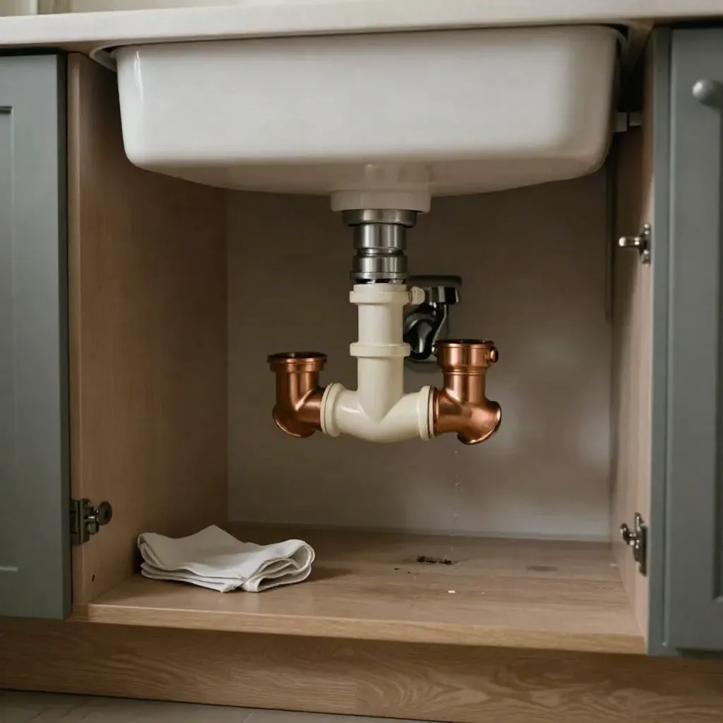 Meuble sous évier sec à Boulogne, siphon remplacé, mat absorbant replié.