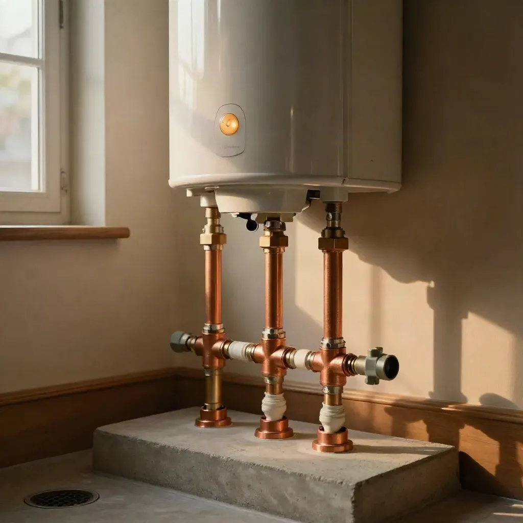 Ballon d'eau neuf installé dans un local technique, raccords cuivre et lumière chaude.
