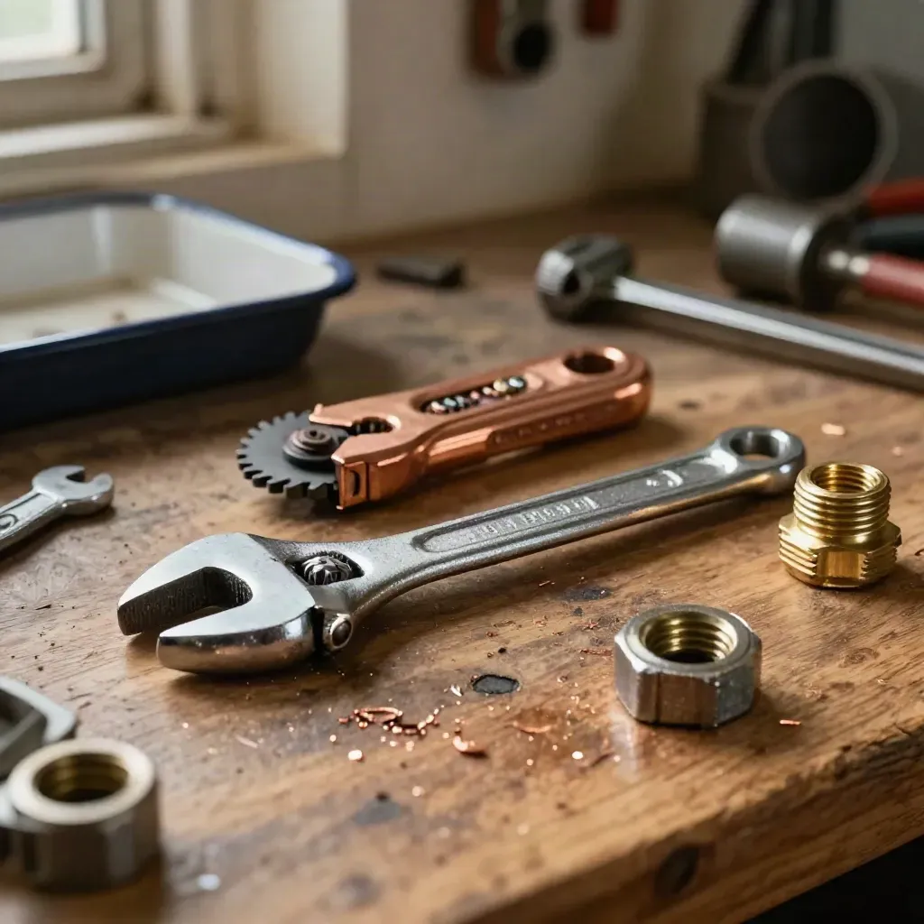 Clé à molette, coupe-tube cuivre et raccord en laiton sur établi d’atelier.