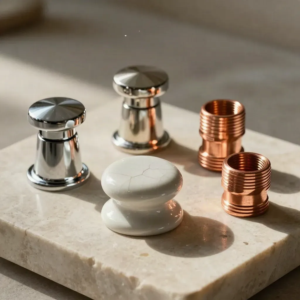 Finitions de robinetterie, bouchon de lavabo en céramique et raccord cuivre sur dalle claire