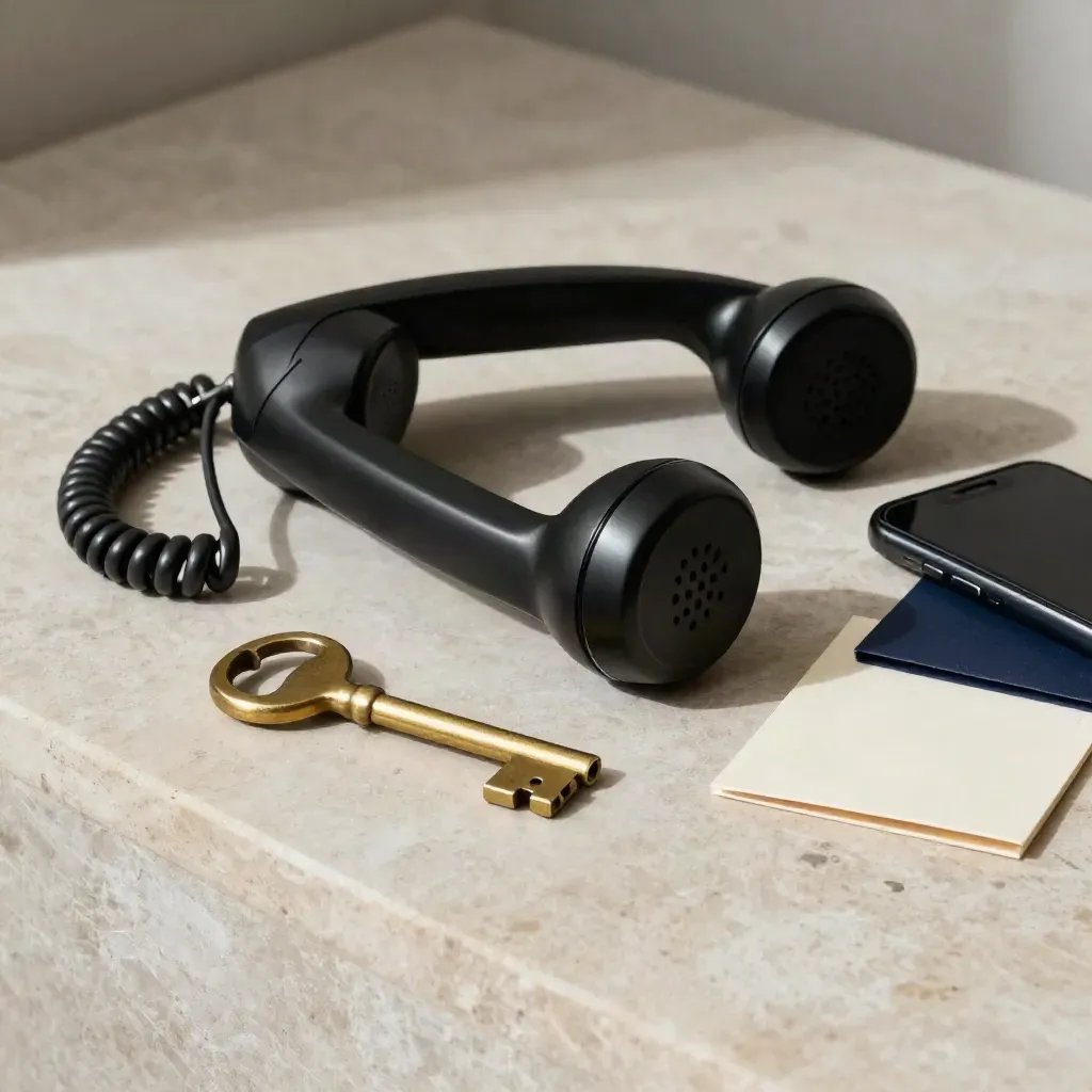 Téléphone noir, clé en laiton et smartphone sur pierre claire, en attente d’un appel.