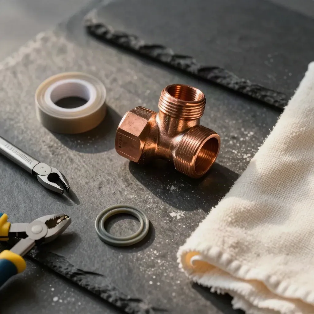 Coude cuivre, ruban PTFE, pince, joint neuf et chiffon sur plateau ardoise.