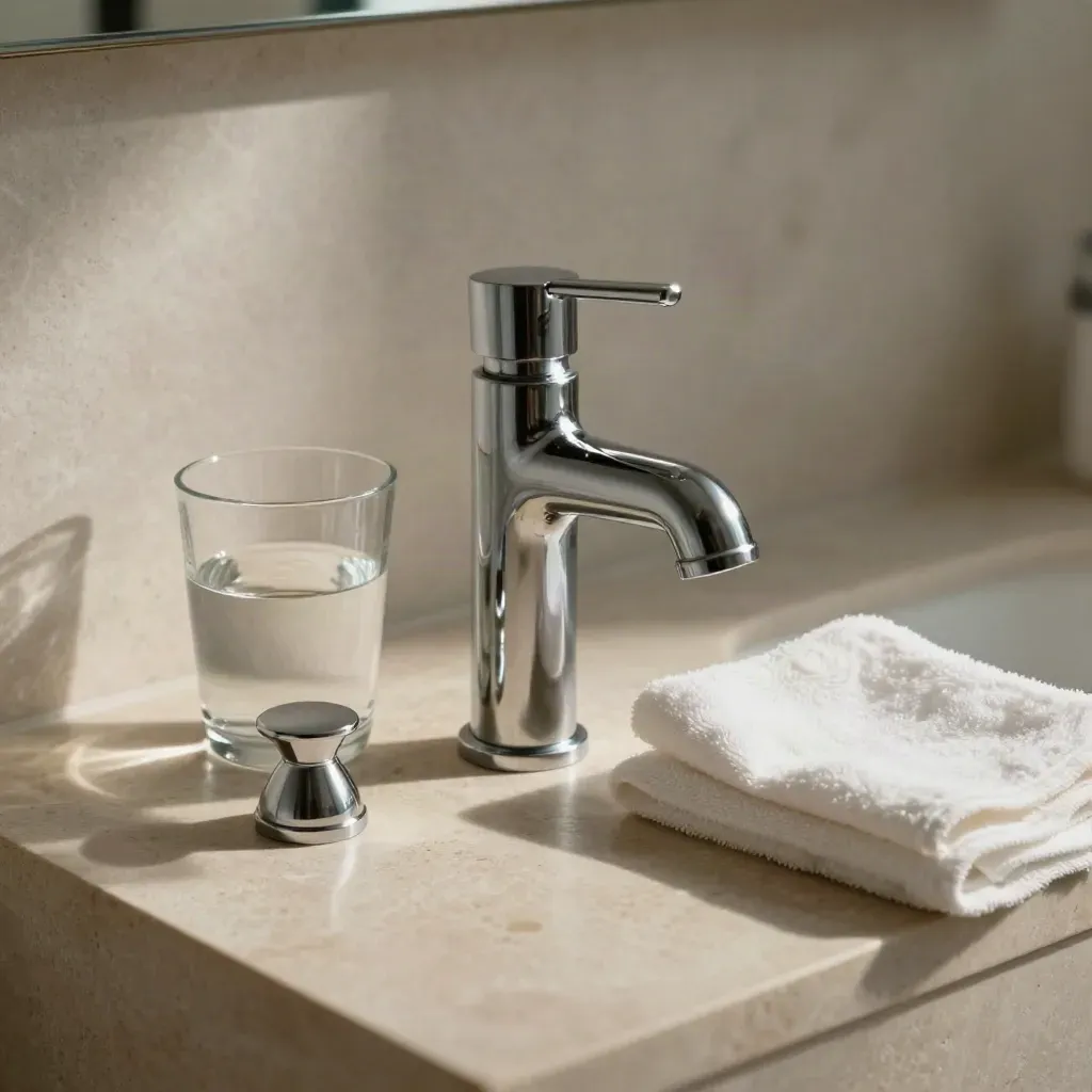 Aérateur chromé, bouchon de vidage, verre d’eau et chiffon sur pierre pâle.