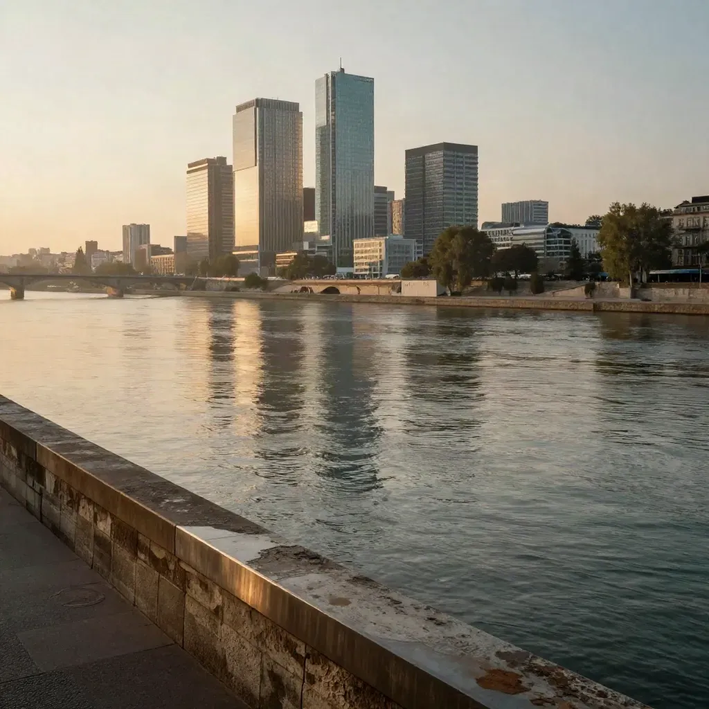 La Défense au loin, quai de Seine et reflets dorés sous une lumière de fin de journée.