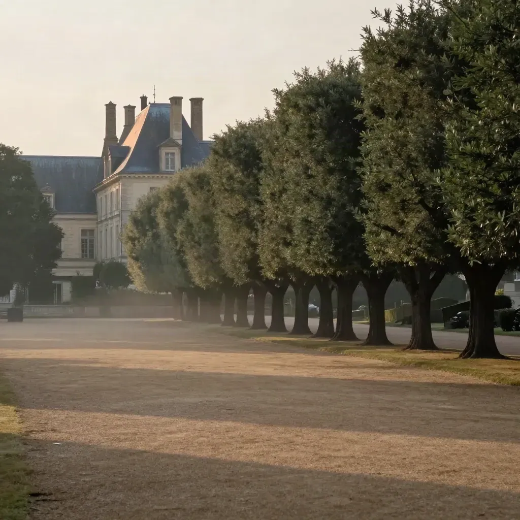 Domaine des Yvelines au matin, arbres, jardin et toit de château dans la brume