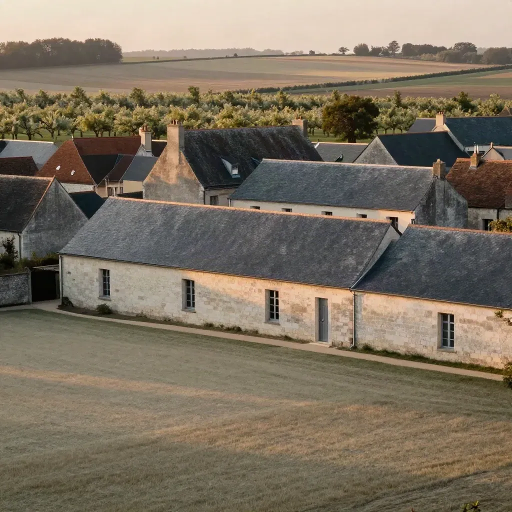 Panorama de l’Île-de-France avec toits bas, champs pâles et arbres dans une lumière douce.