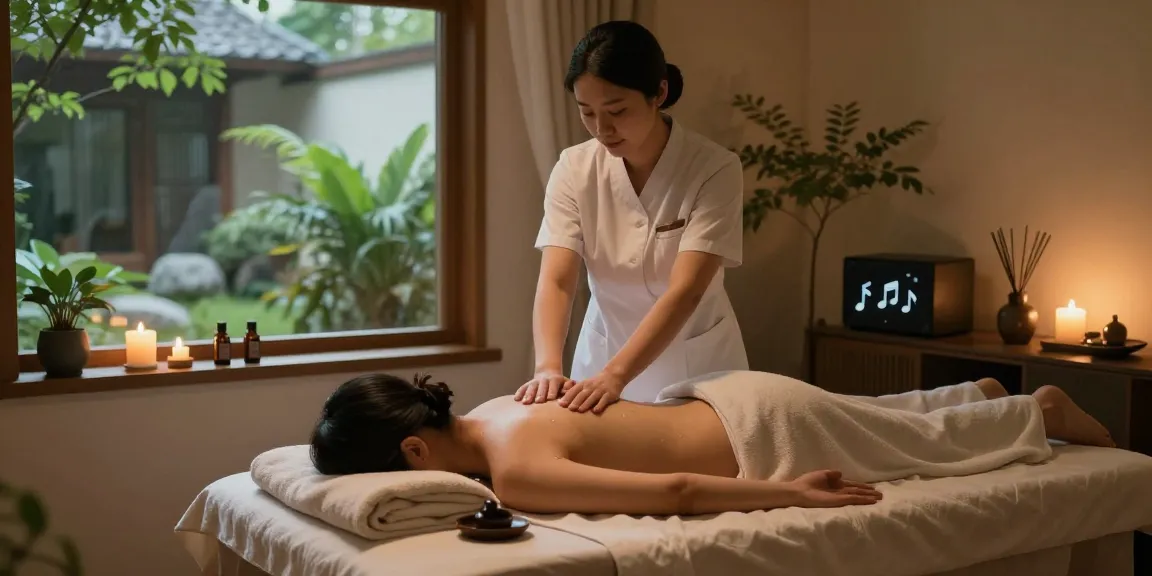 마포출장마사지 therapy scene with therapist and client in serene spa room.