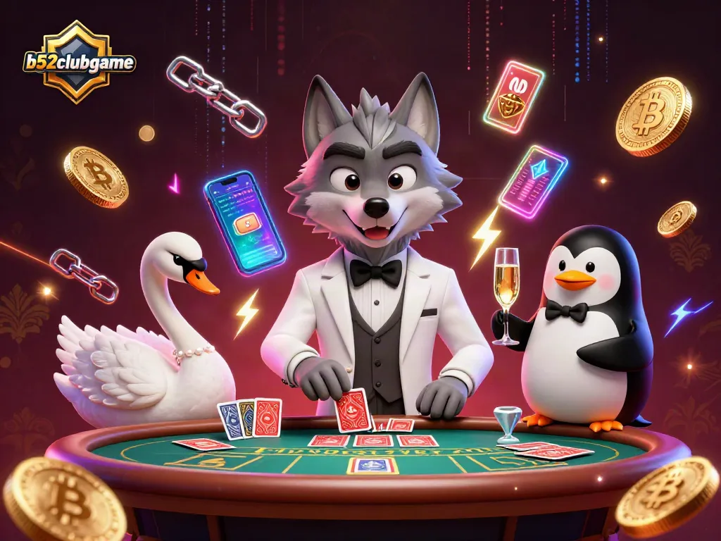 Engage in thrilling b52clubgame baccarat with our cartoon wolf, elegant swan, and penguin sommelier.