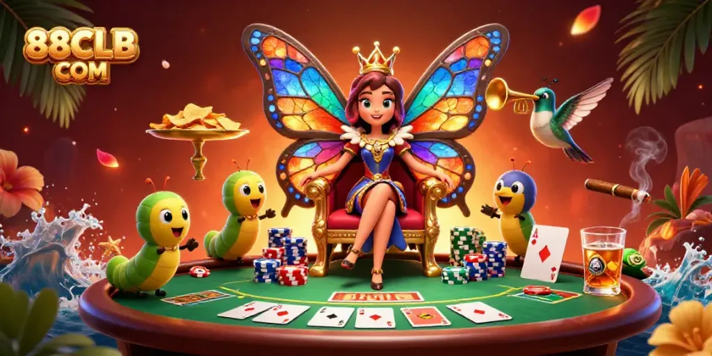 Experience the vibrant world of 88CLB COM with a 3D butterfly queen and poker elements in a lavish casino scene.